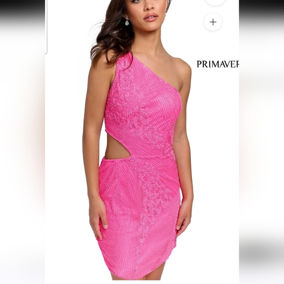 PRIMAVERA Couture One Shoulder Beaded Cocktail Dress In Neon Pink. Size 2 - Picture 6 of 15
